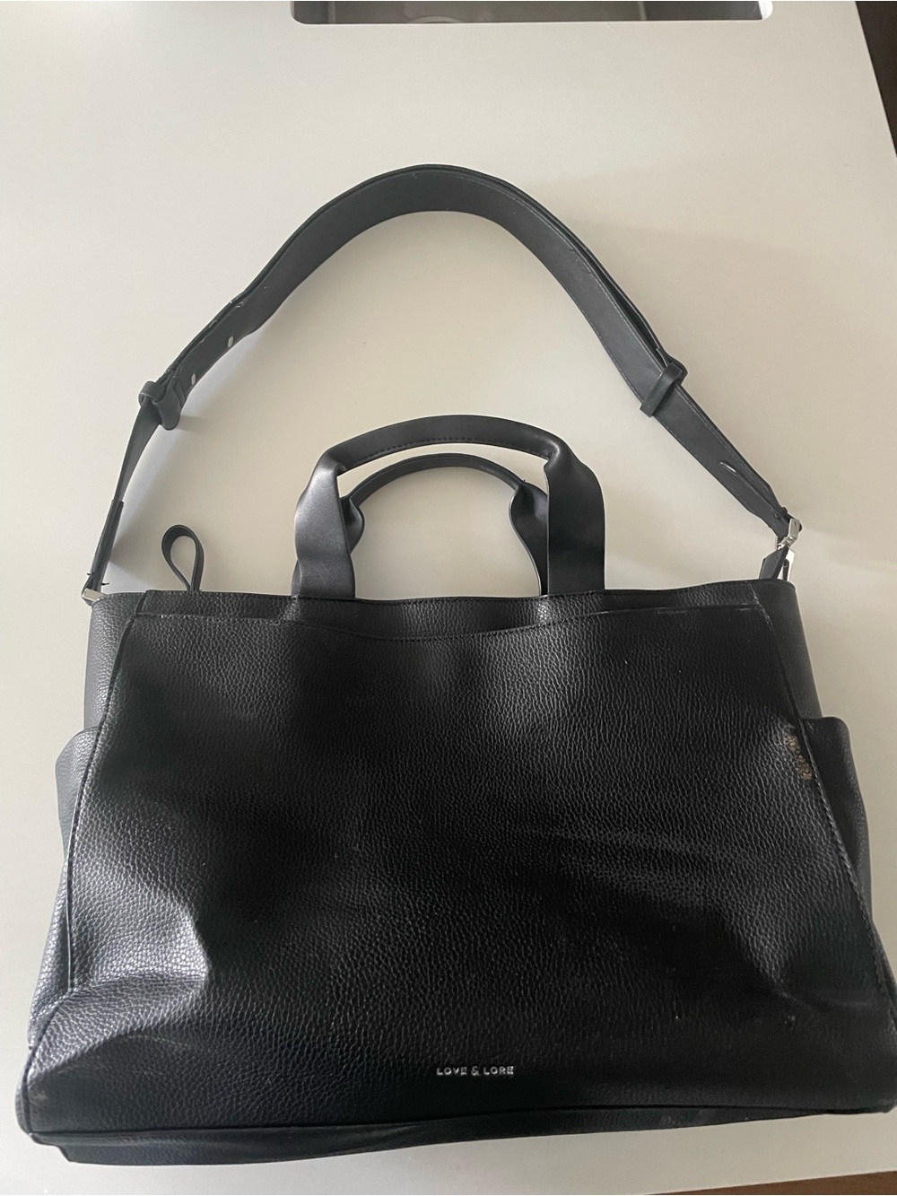 Love & Lore Black Vegan Leather Laptop Bag (with trolly pass through for travel)